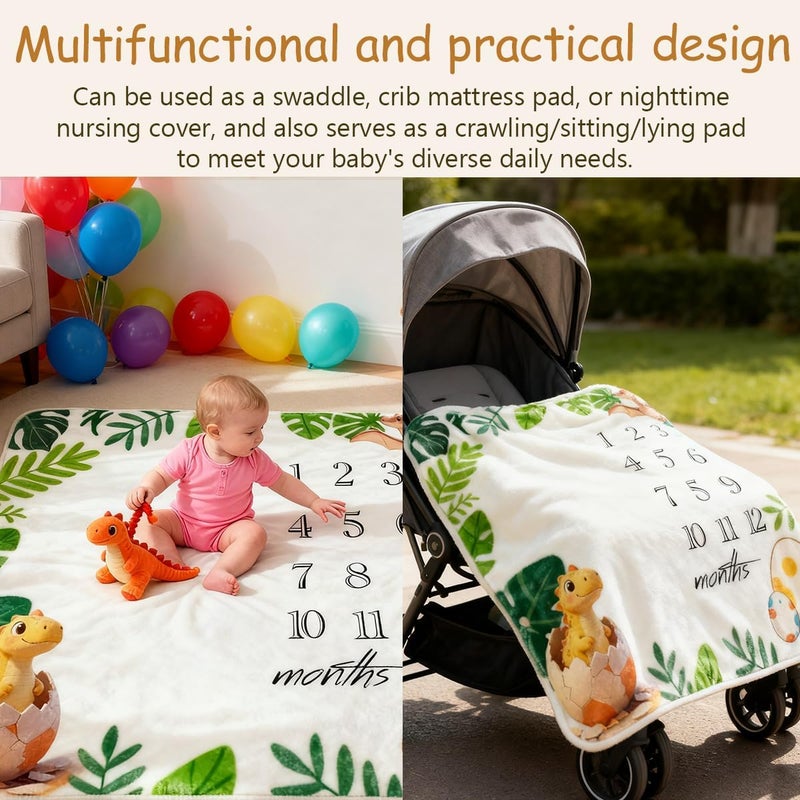 JIX SDFFAY Baby Monthly Milestone Blanket Dinosaur Newborn Month Blanket for Boy & Girl, Personalized Baby Shower Age Photo Photography Backdrop with Growth Prop Frame 45x40 Inches - Image 4